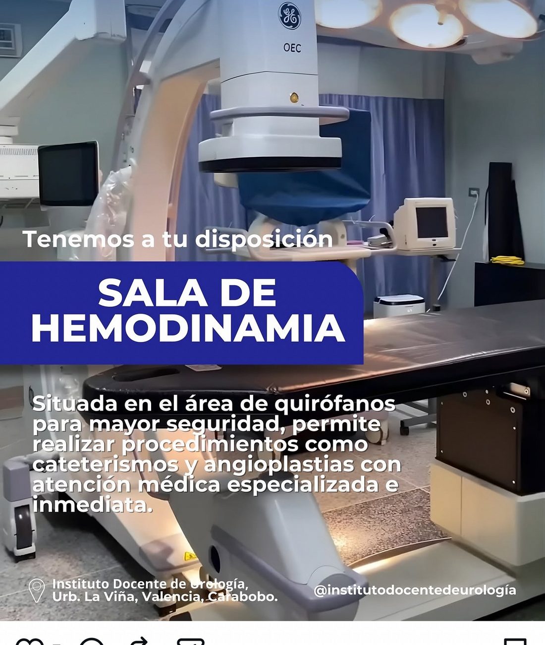 Pieza real del IDU «Sala de Hemodinamia»: el equipo GE OEC y la camilla de procedimientos en el área de quirófanos del instituto
