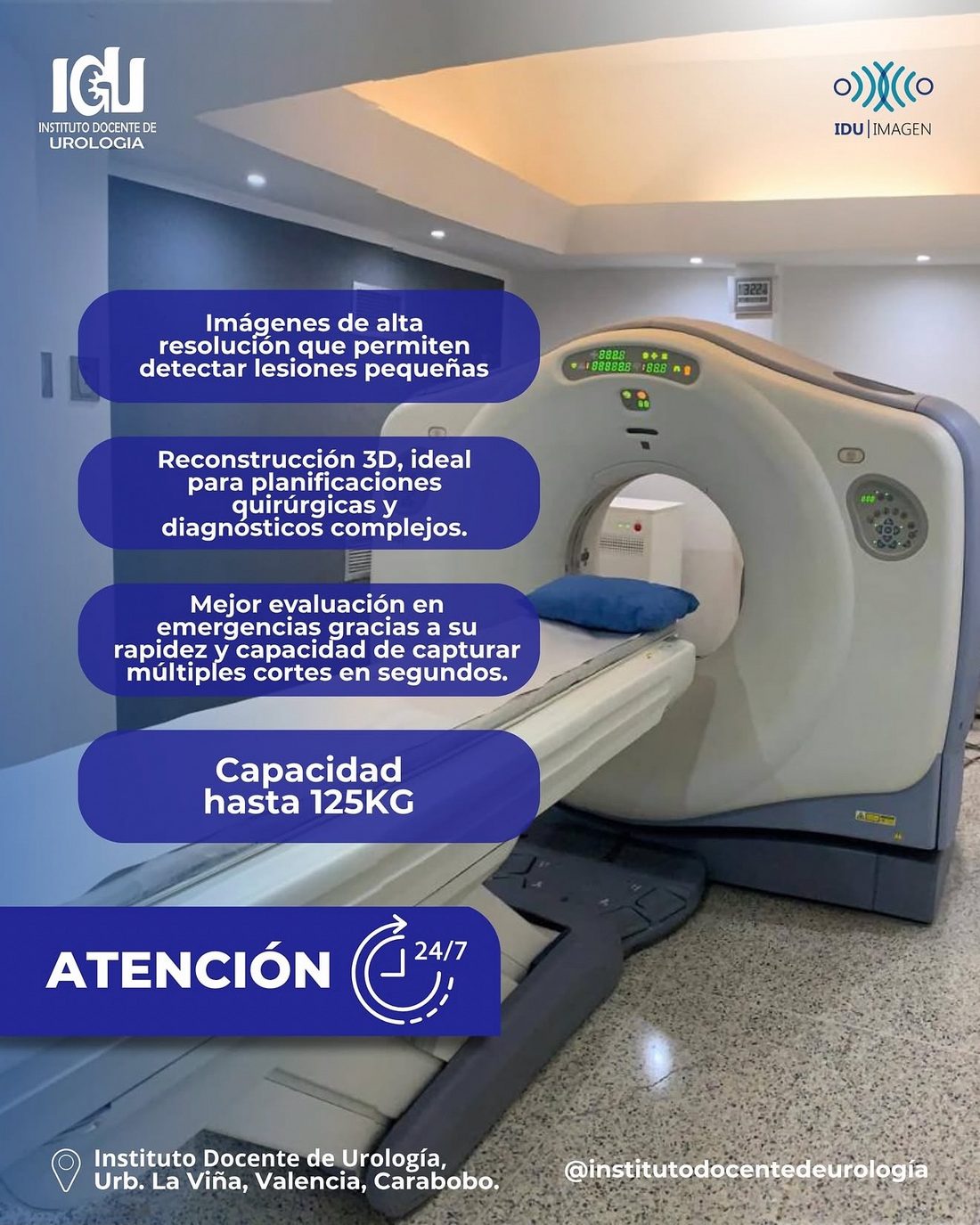 Pieza real de IDU IMAGEN con los beneficios del tomógrafo: imágenes de alta resolución, reconstrucción 3D, mejor evaluación en emergencias y capacidad hasta 125 kg